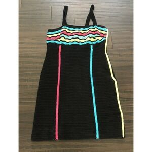 Vintage Hand Crochet Knit Dress Neon Rainbow Bodycon Blue Yellow Pink Striped